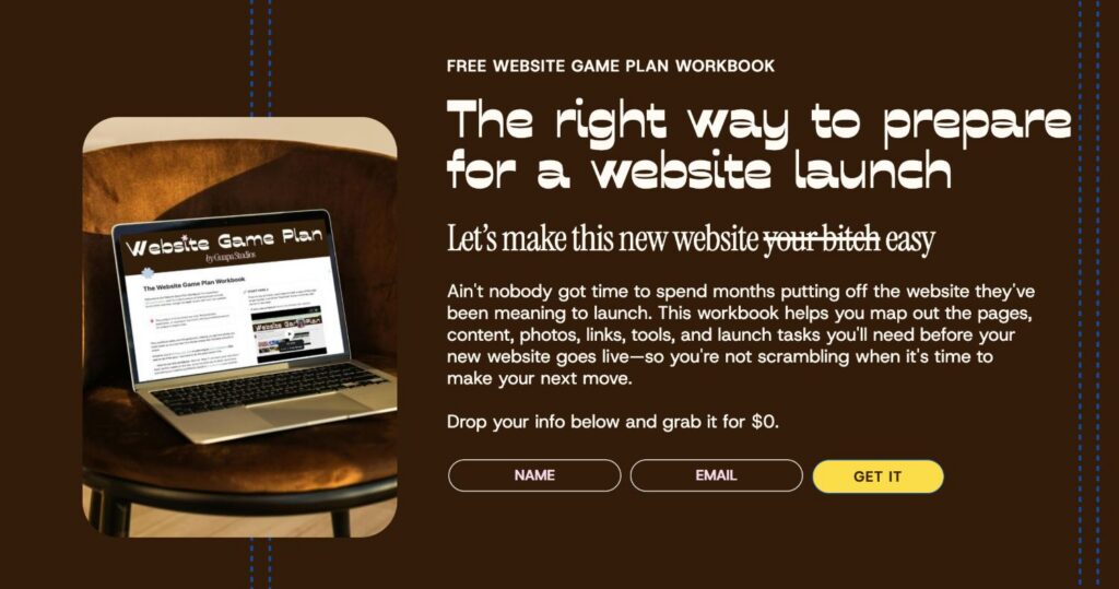 free website game plan work book. Let's make this new website (your bitch crossed out) easy. Description of the item and the opt-in form below.