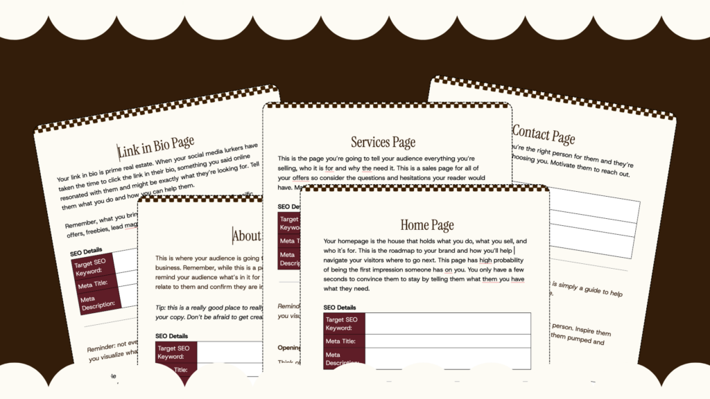 screenshots of pages for a website built to convert with home, about, services, contact, and link in bio pages attached.