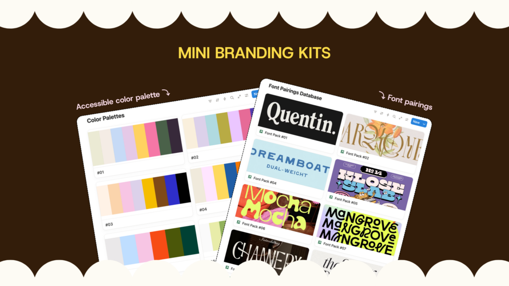 screenshots of mini brand kits with premade color palletes and font pairing database examples to help build a website that converts.