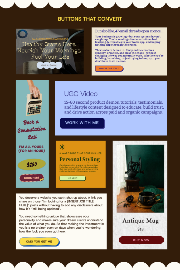 screenshots of buttons from websites with bright buttons that stand out and customized per brand